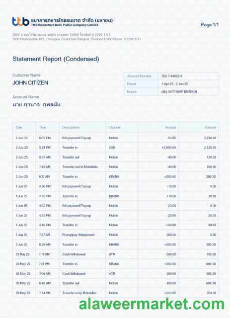 Thailand TMBThanachart Bank statement report Word and PDF template